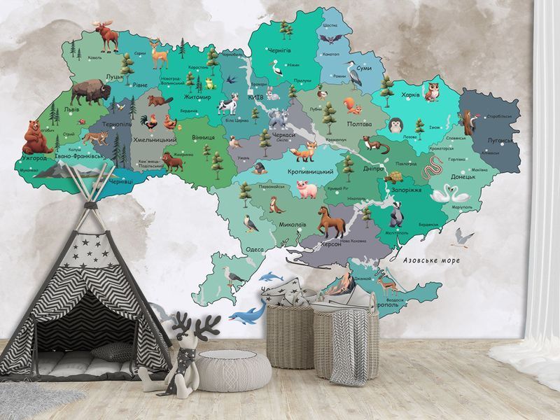 Флізелінові фотошпалери &laquo;Дитяча мапа України&raquo; для дитячої кімнати, шпалери з малюнком для дитячої кімнати WMK-015/8 фото