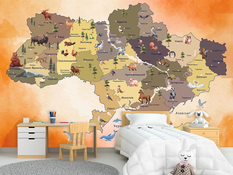 Флізелінові фотошпалери &laquo;Дитяча мапа України&raquo; для дитячої кімнати, шпалери з малюнком для дитячої кімнати WMK-016/8 фото