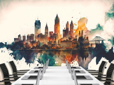 Флізелінові фотошпалери з малюнком на стіну "Місто в акварелі", декор для спальні, вітальні, офісу S5WTR-020 фото