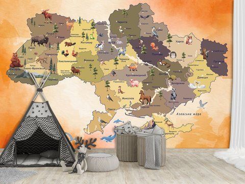 Флізелінові фотошпалери &laquo;Дитяча мапа України&raquo; для дитячої кімнати, шпалери з малюнком для дитячої кімнати на стандартному флізеліні 180*120 см WMK-016/8 фото