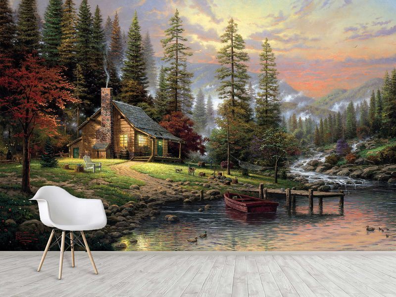 3D Фотошпалери &laquo;Вікенд у горах&raquo; &mdash; самоклеюча плівка Oracal  з лісовим будиночком, що розширює простір 180*120 см RPD-006 фото