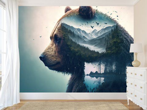 Флізелінові фотошпалери &laquo;Бурий ведмідь на тлі гірських лісів&raquo;, фотошпалери для залу, спальні, дитячої кімнати SPF-085 фото
