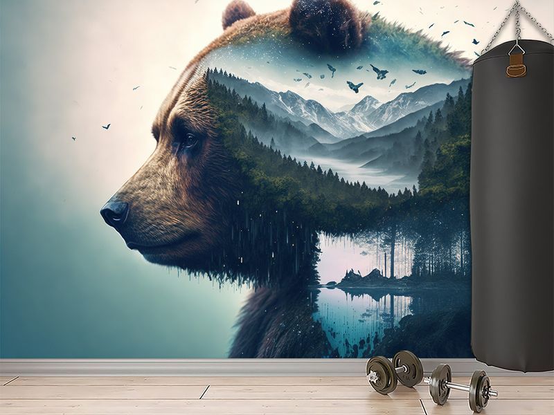 Флізелінові фотошпалери &laquo;Бурий ведмідь на тлі гірських лісів&raquo;, фотошпалери для залу, спальні, дитячої кімнати SPF-085 фото