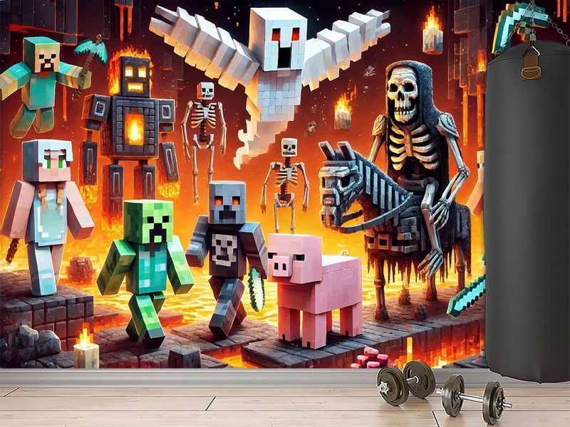 Фотошпалери &laquo;Minecraft: Битва в Пеклі&raquo; &mdash; стильний флізеліновий декор у яскравому піксельному стилі 180*120 см S5KID-043 фото