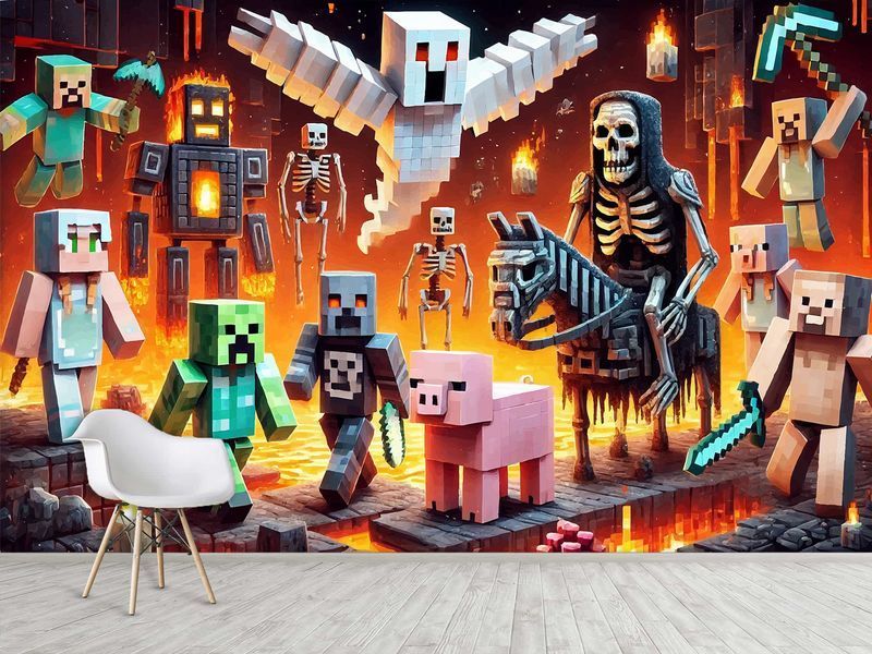 Фотошпалери &laquo;Minecraft: Битва в Пеклі&raquo; &mdash; стильний флізеліновий декор у яскравому піксельному стилі 180*120 см S5KID-043 фото