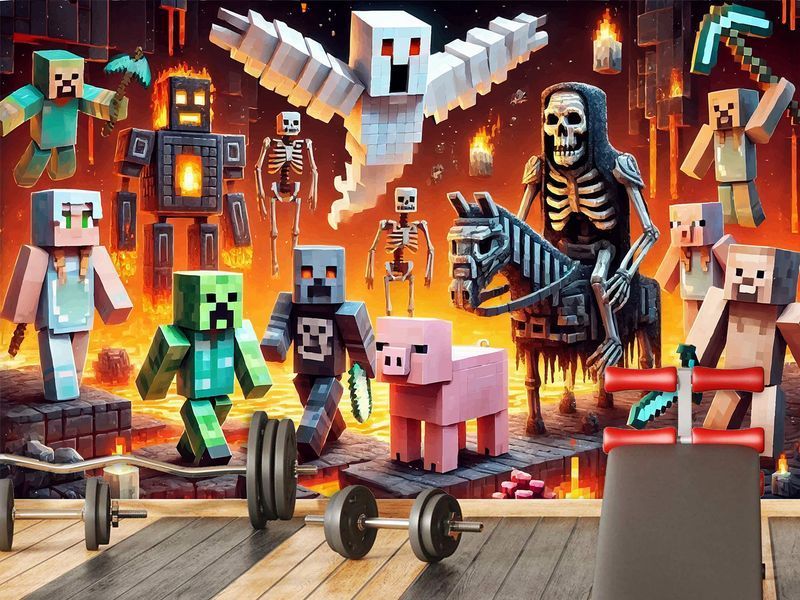 Фотошпалери &laquo;Minecraft: Битва в Пеклі&raquo; &mdash; стильний флізеліновий декор у яскравому піксельному стилі 180*120 см S5KID-043 фото