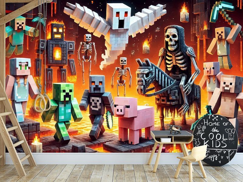 Фотошпалери &laquo;Minecraft: Битва в Пеклі&raquo; &mdash; стильний флізеліновий декор у яскравому піксельному стилі 180*120 см S5KID-043 фото