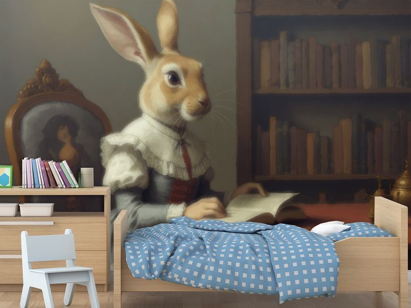 Фотошпалери флізелінові, &laquo;Пані кролиця в читальній залі&raquo;, у кабінет, офіс, вітальню VINT-003 фото