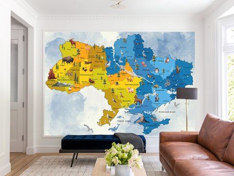 Фотошпалери дитяча карта України з тваринами та морями на стіну
