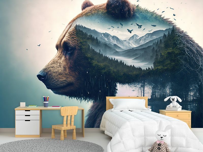 Самоклейка плівка Oracal &laquo;Бурий ведмідь на тлі гірських лісів&raquo;, фотошпалери для залу, спальні, дитячої кімнати SPF-085 фото