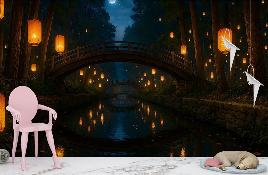 Фотошпалери &laquo;Ліхтарики в таємничому лісі&raquo; &mdash; преміальні флізелінові шпалери з магічним 3D-ефектом 180*120 см S5KID-084 фото