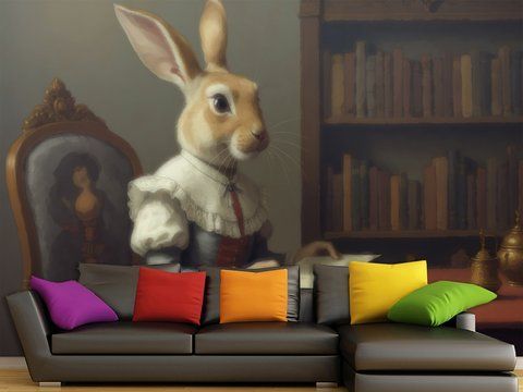 Фотошпалери самоклеюча плівка Oracal &laquo;Пані кролиця в читальній залі&raquo;, у кабінет, офіс, вітальню VINT-003 фото