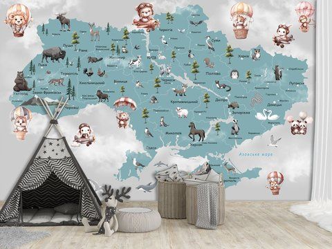Дитячі флізелінові фотошпалери &laquo;Політ над рідним краєм&raquo; &mdash; ніжна пастельна мапа з кумедними авіаторами 180*120 см WMK-011 фото