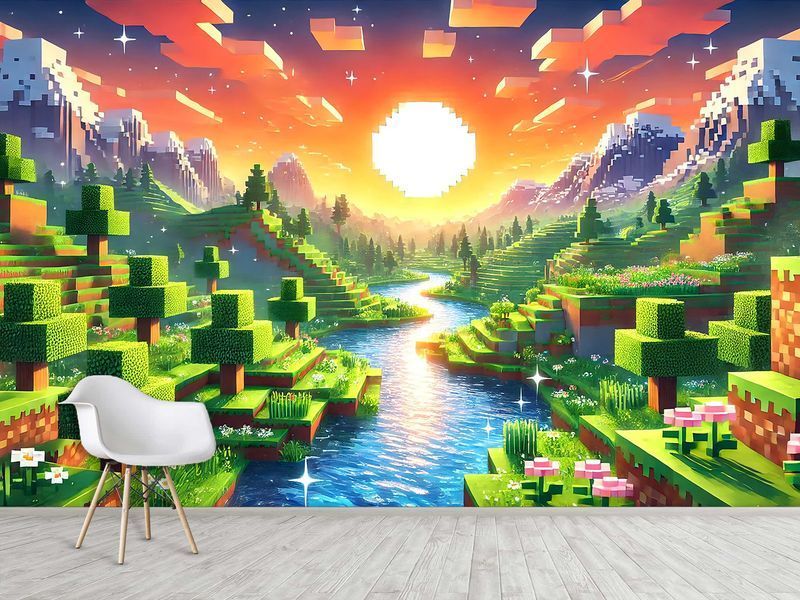 Флізелінові фотошпалери &laquo;Майнкрафт: Нескінченний світ&raquo; &mdash; яскравий кубічний всесвіт на всю стіну дитячої кімнати 180*120 см S5KID-044 фото