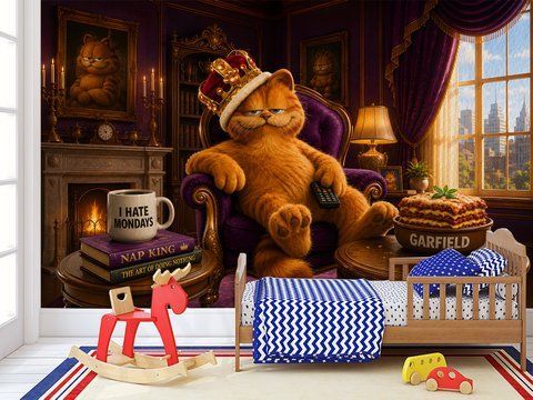 Фотошпалери кіт Гарфілд у короні з лазаньєю в кімнату