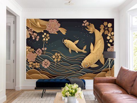 Фотошпалери флізелінові , індивідуальний дизайн для вітальні, зони відпочинку "Японський стиль: риби та квіти" SPF-153 фото