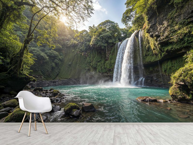 Флізелінові фотошпалер, "Проміння сонця крізь водоспад" декор для кімнати, будинку S5NTR-087 фото