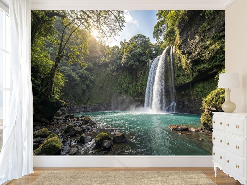Флізелінові фотошпалер, "Проміння сонця крізь водоспад" декор для кімнати, будинку S5NTR-087 фото