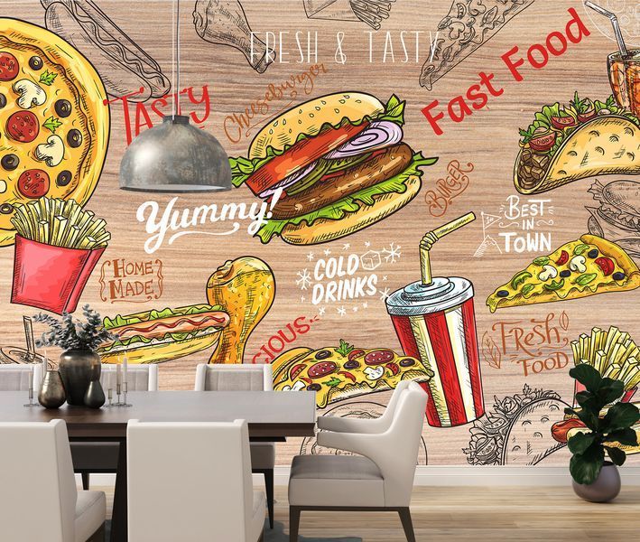Фотошпалери самоклейна плівка Oracal, арт декор для закладу, кухні "Їжа у стилі комікса" SPF-143 фото